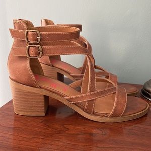 Jellypop Tan Double Buckle Sandals with Block Heel